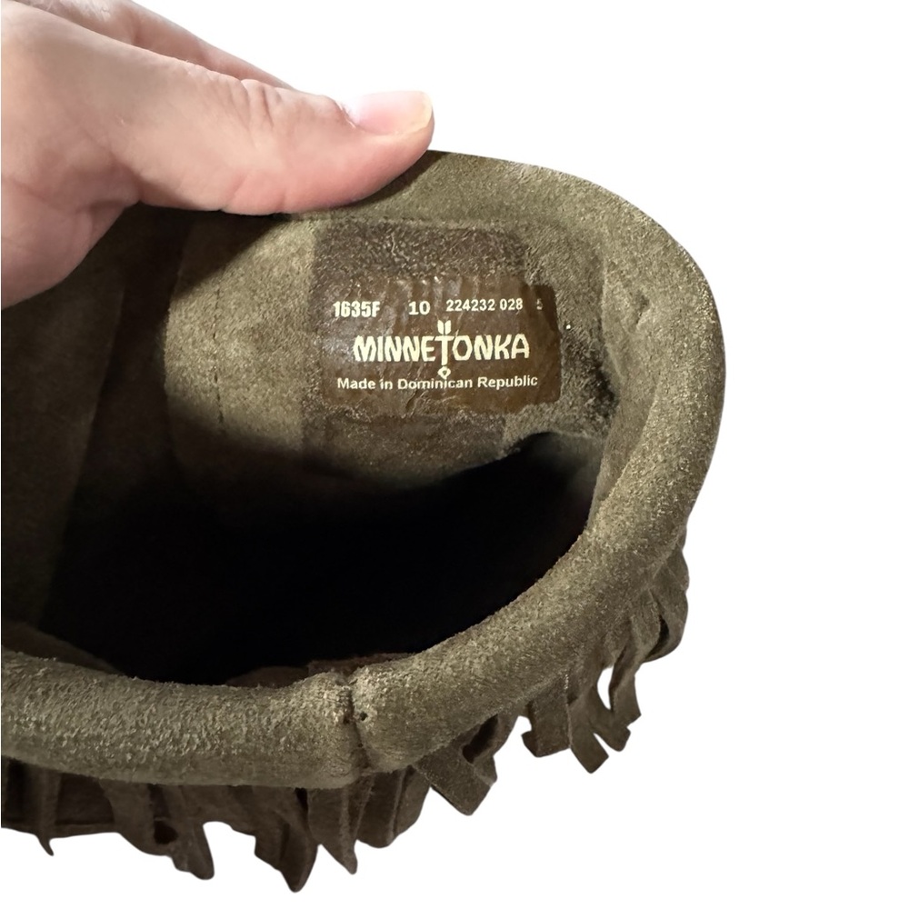 Minnetonka 3 Layer Fringe Boot Womens Size 10 Boots Olive Green 1635F Booties - Picture 6 of 6